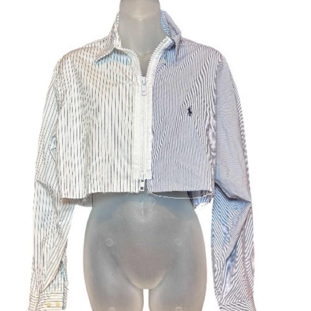Furst Of A Kind Striped Zip Up Crop Shirt Size L Long Sleeve Destroyed Rare